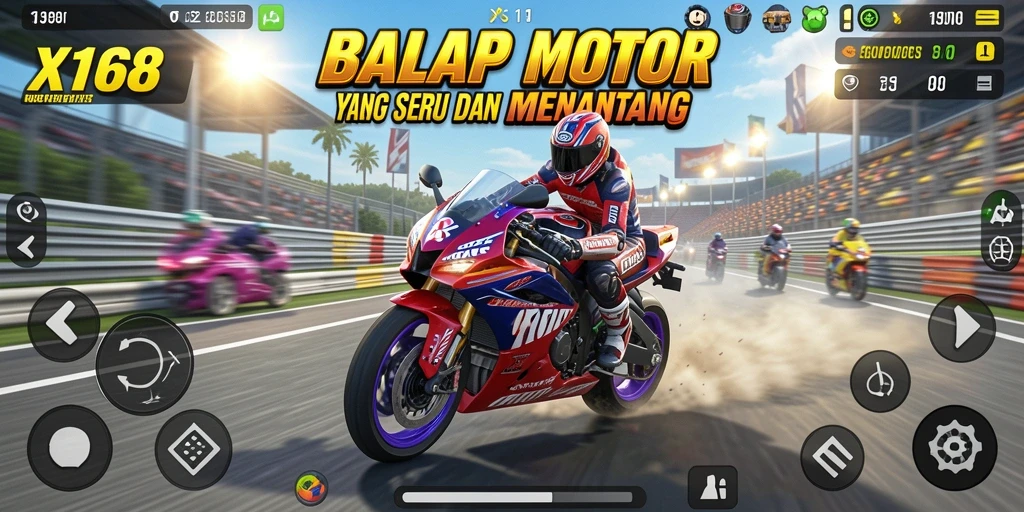 Screenshot dari gameplay X168 menampilkan balapan motor yang dinamis dan menegangkan.